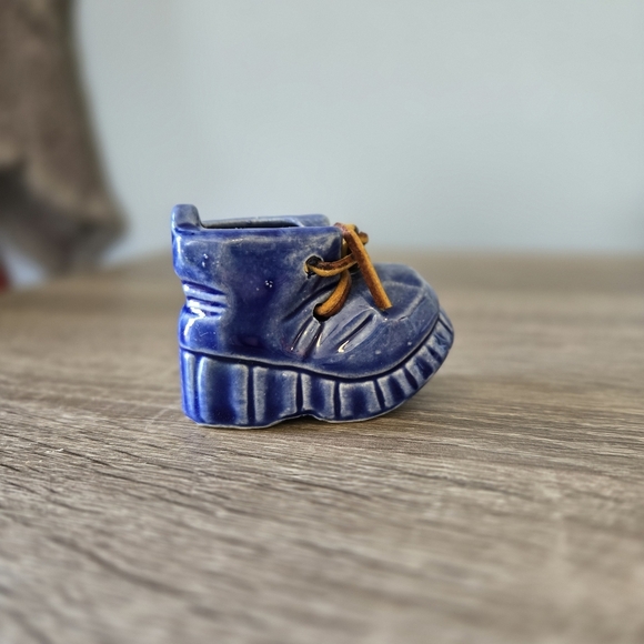 Miniature Ceramic Blue Boot Shoe with Laces Decor Toothpick Holder Vintage - Picture 1 of 4